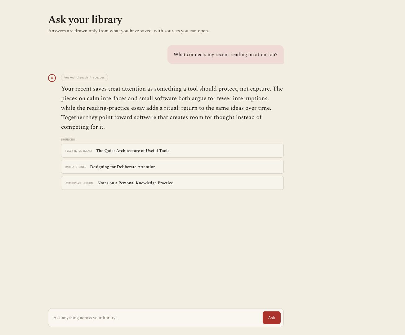 Curioflow answering a question using saved sources