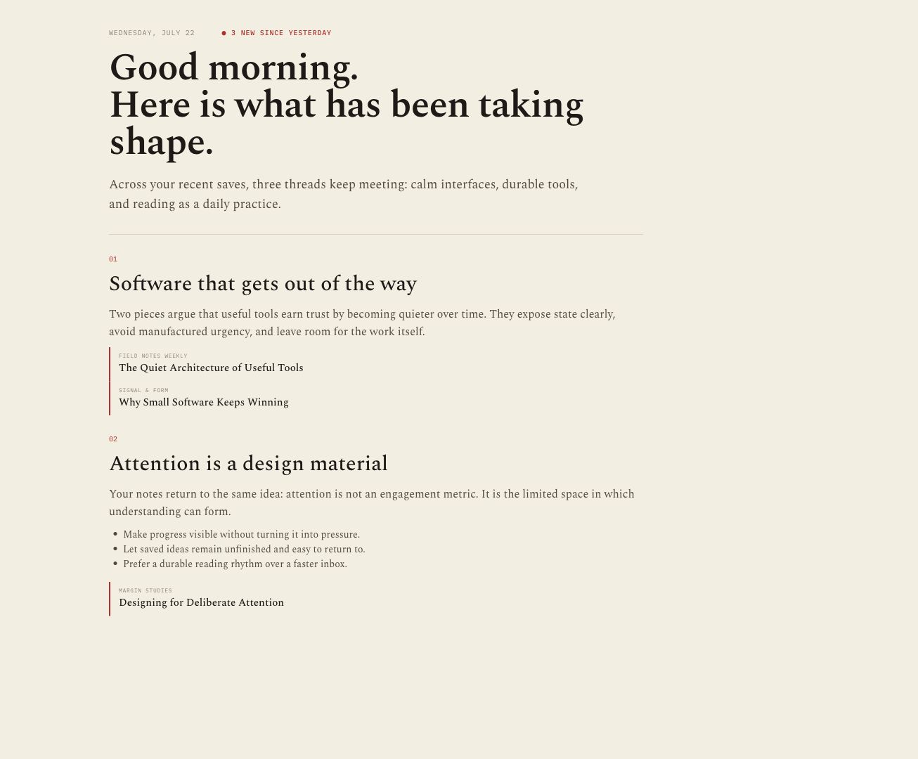 Curioflow daily briefing interface