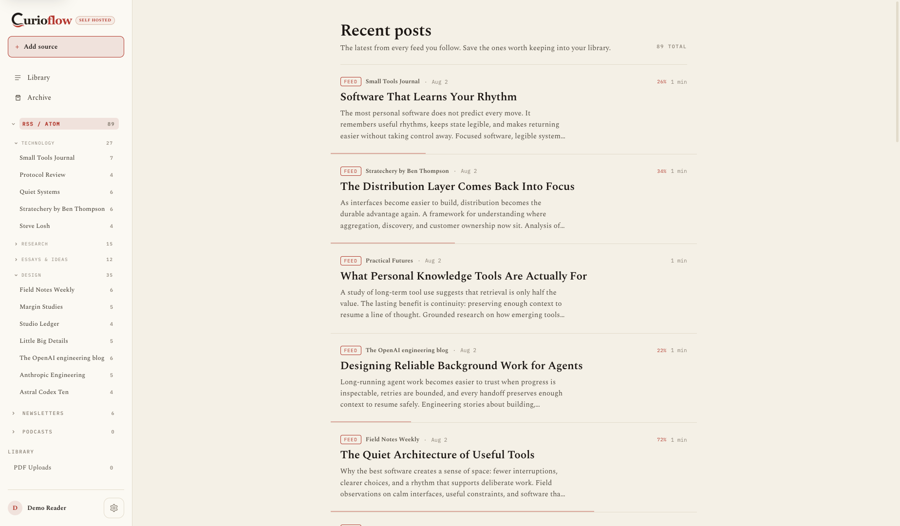 Curioflow recent posts showing current RSS categories, subscriptions, and feed items