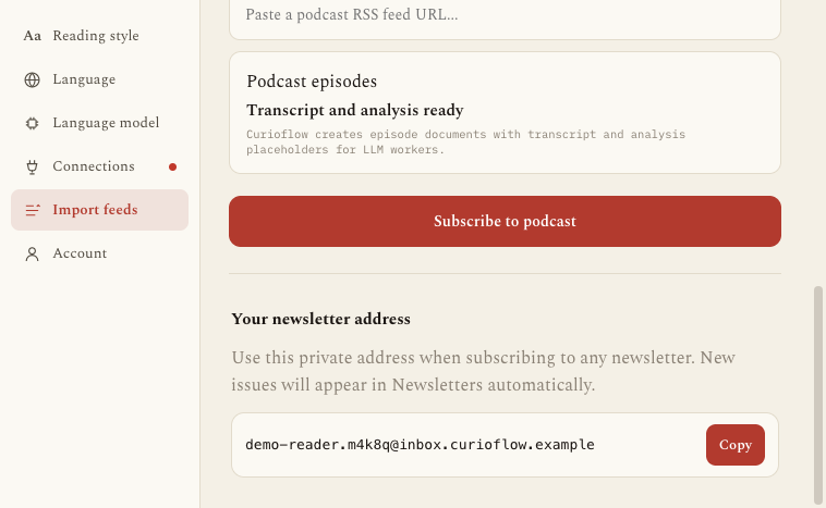 Curioflow Import feeds settings showing a private newsletter subscription address