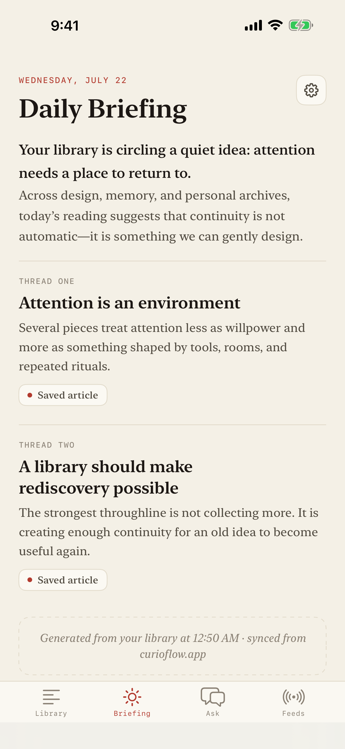Curioflow daily briefing on iPhone